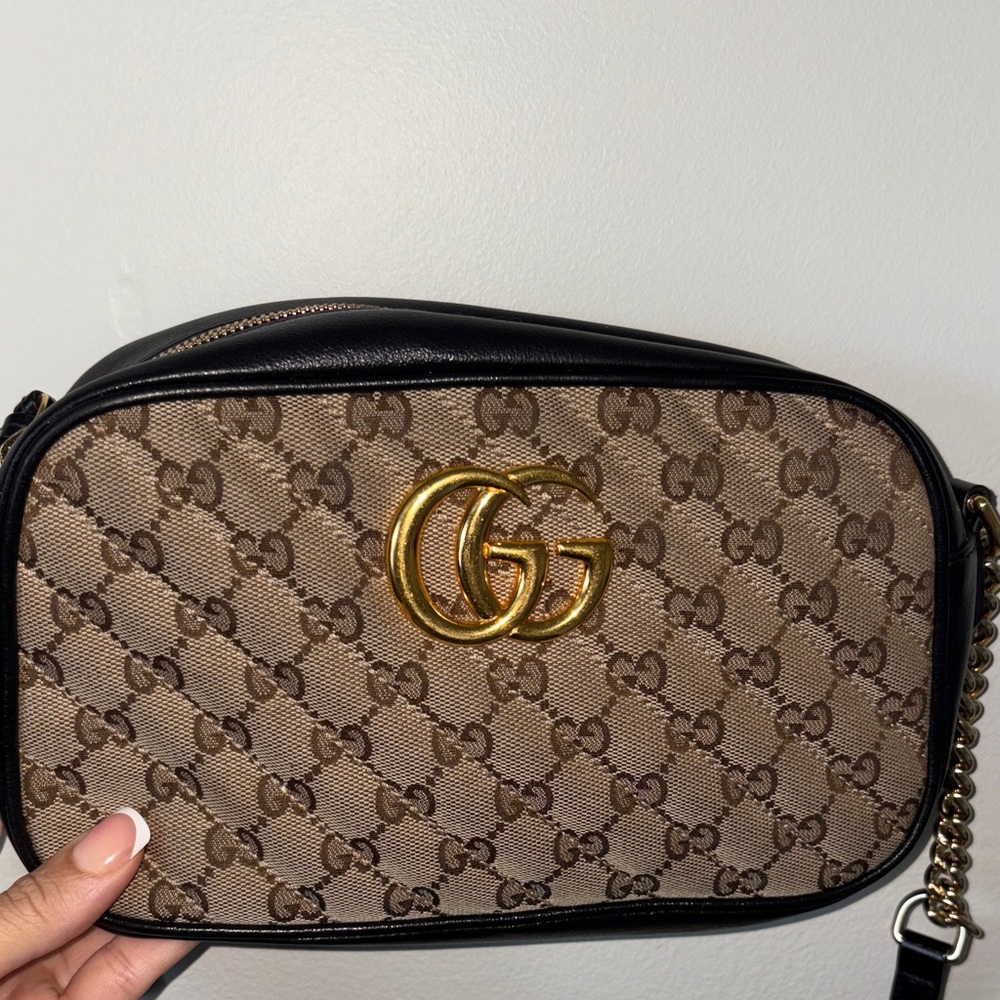 Gucci Beige Brown GG Canvas Crossbody with Black Trim and Gold Hardware